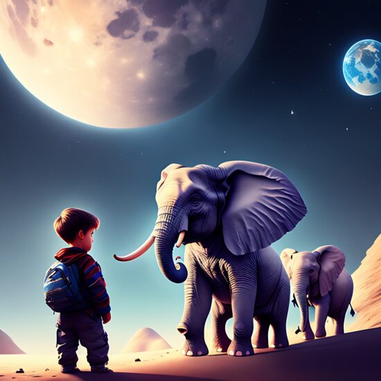 Note. Generated with Fotor AI Image Generator (https://www.fotor.com/features/ai-image-generator/, on Apr 9, 2023, with the request: "Little elephant talking with a boy on the Moon")